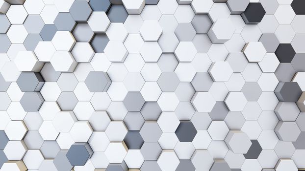 Abstract 3D illustration of colorful hexagons background. Random displacement. Good background