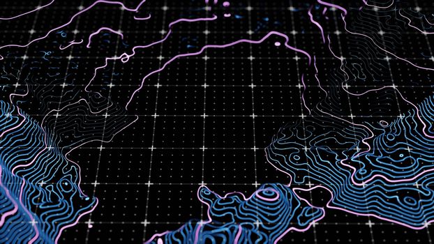 Abstract technological image of glowing topographical map. The concept of digital data. 3D illustration