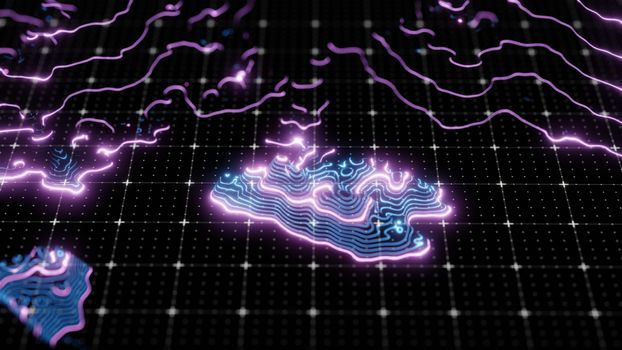 Abstract technological image of glowing topographical map. The concept of digital data. 3D illustration