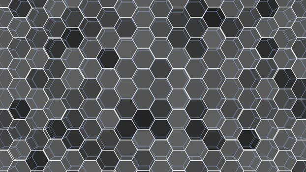 Abstract background of colorful outline hexagons. 3D illustration. Wire-frame style.