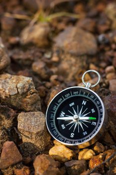 Compass placed on the rock in forest. Closeup and copy space. Concept of jungle adventure travel.