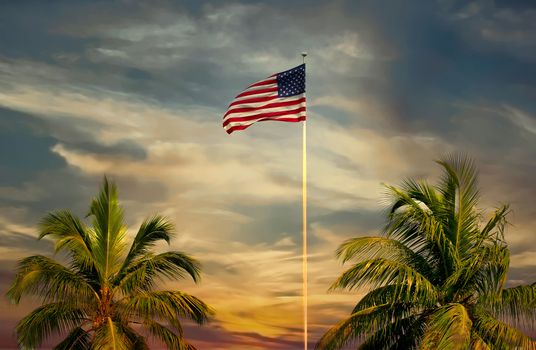 American Flag in sky between two palm trees