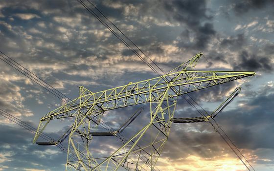 High power electrical pylon against a Sunrise sky