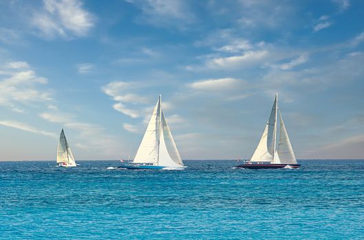 Three sailboats on the horizon in the ocean