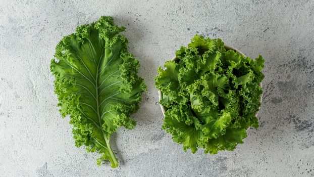 Fresh green kale leaf and salad on gray cement background, top view. Healthy detox vegetables. Clean eating and dieting concept. Flat lay. Health kale benefits