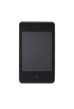 Black smartphone isolated against white background.