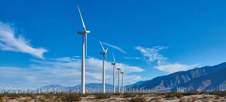 Line of windmills with mountains in the background.