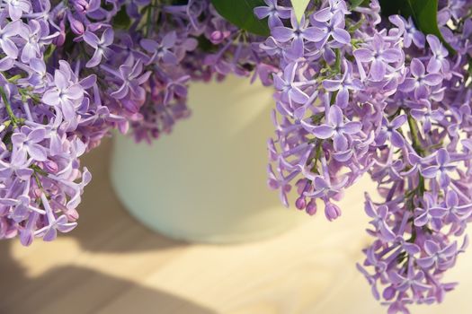 Lilac branches hanging from a vase on a wooden table.