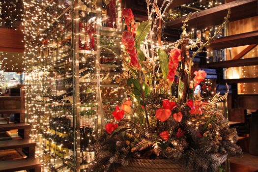 Christmas background tree with decor and flowers