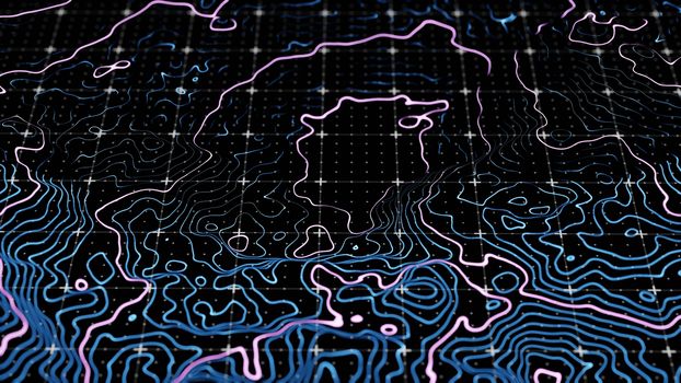 Abstract technological image of glowing topographical map. The concept of digital data. 3D illustration