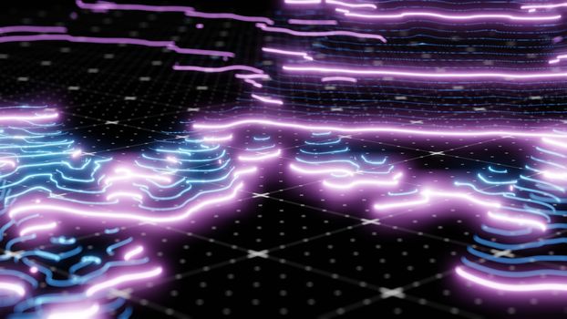 Abstract technological image of glowing topographical map. The concept of digital data. 3D illustration