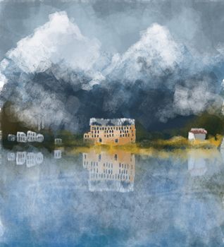 Mountain house on the lake surrounded by forest - digital illustration