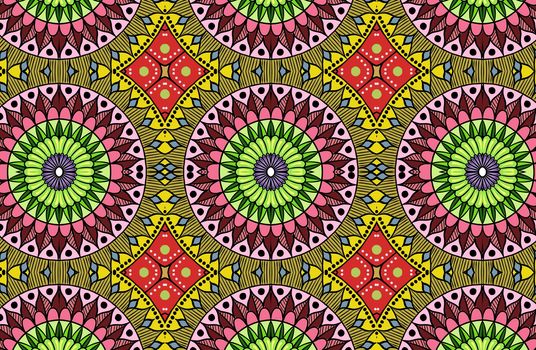Colorful floral ethnic mandala pattern in patchwork boho chic style in yellow and red colors, in portuguese and moroccan motive