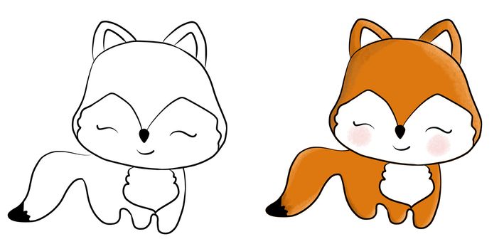 drawing of a cartoon cute toy fox - in color and line art