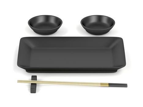 Wood chopsticks and empty black sushi plates