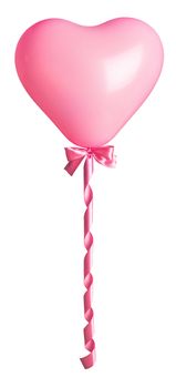 Pink heart as air balloon with tied bow and curly silk isolated on white background