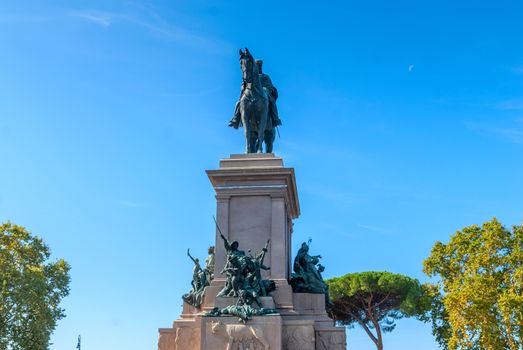 equestrian monument of Giuseppe Garibaldi, placed in Rome on the highest point of the Janiculum hill on the square Piazzale Garibaldi, Rome, Italy