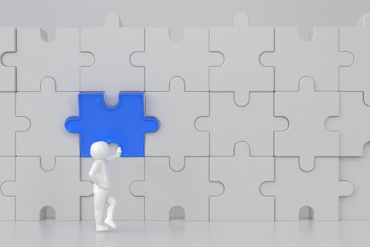 3D illustration,3D rendering,The character is wearing the last piece of the jigsaw puzzle to complete the mission. Includes selection path of floor and background.