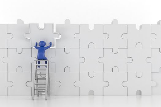 3D illustration,3D rendering,The character is wearing the last piece of the jigsaw puzzle to complete the mission. Includes selection path of floor and background.