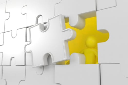 3D illustration,3D rendering,The character is wearing the last piece of the jigsaw puzzle to complete the mission. Includes selection path of floor and background.