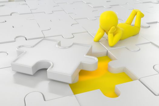 3D illustration,3D rendering,The character is wearing the last piece of the jigsaw puzzle to complete the mission. Includes selection path of floor and background.