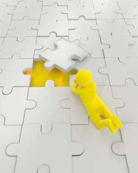 3D illustration,3D rendering,The character is wearing the last piece of the jigsaw puzzle to complete the mission. Includes selection path of floor and background.