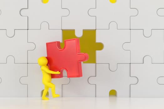 3D illustration,3D rendering,The character is wearing the last piece of the jigsaw puzzle to complete the mission. Includes selection path of floor and background.