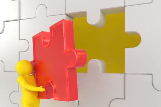 3D illustration,3D rendering,The character is wearing the last piece of the jigsaw puzzle to complete the mission. Includes selection path of floor and background.