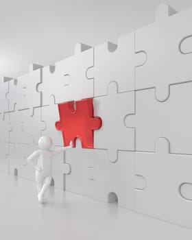 3D illustration,3D rendering,The character is wearing the last piece of the jigsaw puzzle to complete the mission. Includes selection path of floor and background.