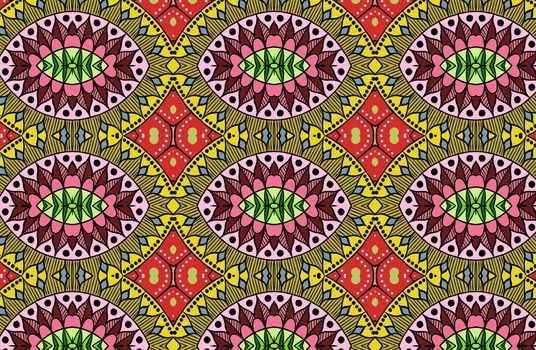 Colorful floral ethnic mandala pattern in patchwork boho chic style in yellow and red colors, in portuguese and moroccan motive