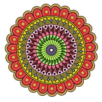 Drawing of a floral oriental mandala in yellow, green and red colors on a white background. Hand drawn tribal stock illustration