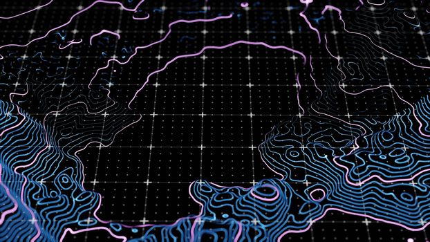 Abstract technological image of glowing topographical map. The concept of digital data. 3D illustration