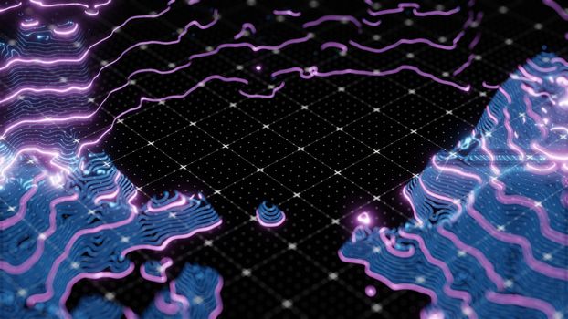 Abstract technological image of glowing topographical map. The concept of digital data. 3D illustration