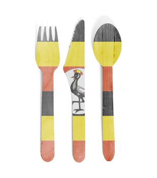 Eco friendly wooden cutlery - Plastic free concept - Isolated - Flag of Uganda