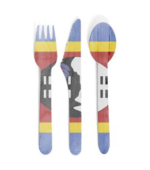 Eco friendly wooden cutlery - Plastic free concept - Isolated - Flag of Swaziland