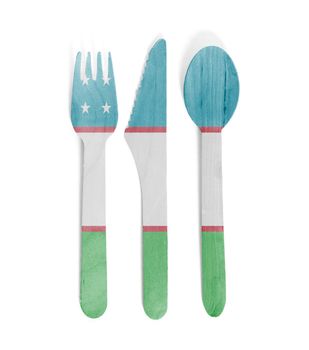 Eco friendly wooden cutlery - Plastic free concept - Isolated - Flag of Uzbekistan