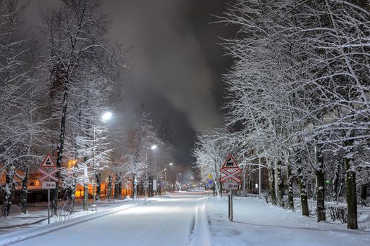 Road with road signs illuminated by lanterns in winter, surrounded by trees in the snow.