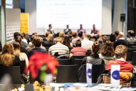 Round table discussion at business convention and Presentation. Audience at the conference hall. Business and entrepreneurship symposium.