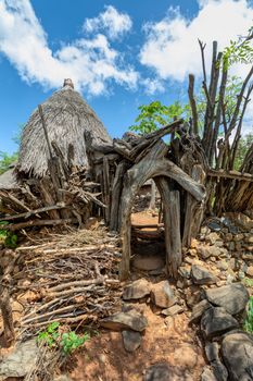 Fantastic walled village tribes Konso. African village. Africa, Ethiopia. Konso villages are listed as UNESCO World Heritage sites.