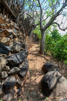 Narrow pathway in Konso, walled village tribes Konso. Africa, Ethiopia. Konso villages are listed as UNESCO World Heritage sites.