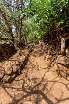 Narrow pathway in Konso, walled village tribes Konso. Africa, Ethiopia. Konso villages are listed as UNESCO World Heritage sites.