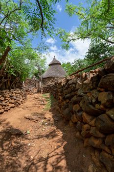 Fantastic walled village tribes Konso. African village. Africa, Ethiopia. Konso villages are listed as UNESCO World Heritage sites.