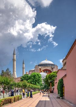 Istambul, Turkey – 07.12.2019. Hagia Sophia museum in Sultan Ahmed Park, Istanbul, Turkey, on a cloudy summer day