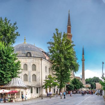 Istambul, Turkey – 07.12.2019. Hagia Sophia museum in Sultan Ahmed Park, Istanbul, Turkey, on a cloudy summer day