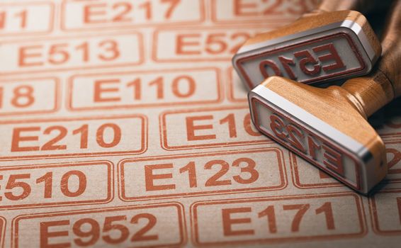 3D illustration of two rubber stamps with the text E123 and E510 over other many controversed numbers. Food additives list concept