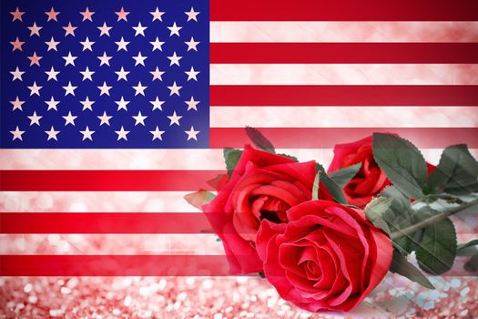 American flag and red roses flowers on bokeh abstract twinkled bright background.