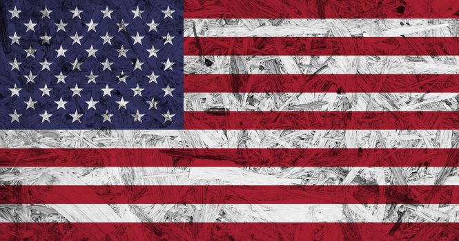 USA flag on old wooden box bagasse recycled, vintage textures background.