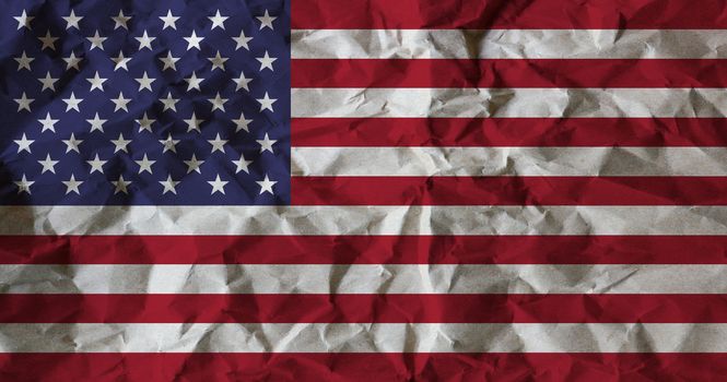 USA flag on crumpled recycle paper background, textured for background.