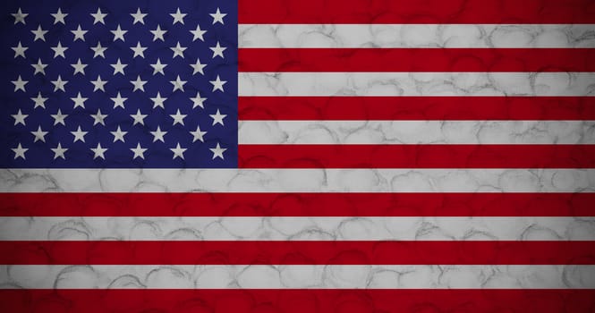 USA flag on fragment of cement concrete wall textured background.