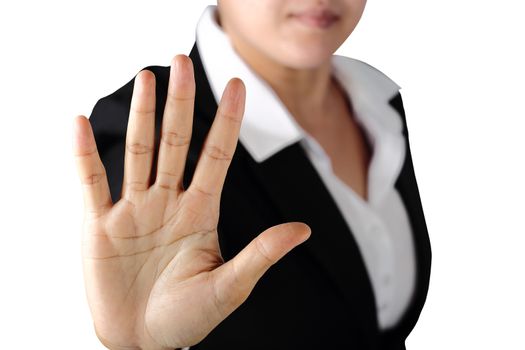 Prohibition symbol. Serious politician woman shows stop sign talk to hand gesture isolated on white blackground. 